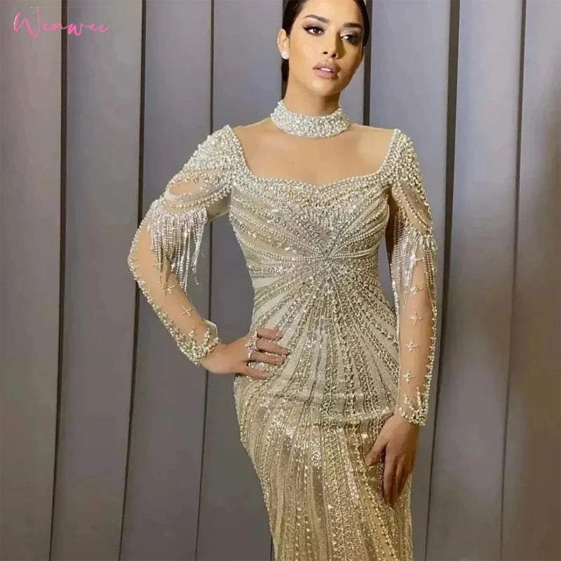 Elegant Long Sleeves Beaded Luxury Mermaid Halter Neck Arabic Wedding Guest Gowns for Women Party Evening Dresses