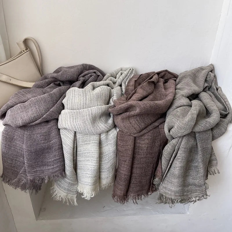 Scarf Women's Autumn Literary and Artistic Fresh and Versatile Contrasting Color Striped Texture Same Cotton Linen Thin Shawl