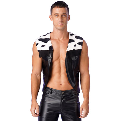 Men Western Cowboy Costume Cow Print Vest Flannel Metallic Cardigan Open Front Tassel Waistcoat Halloween Cosplay Party Dress Up