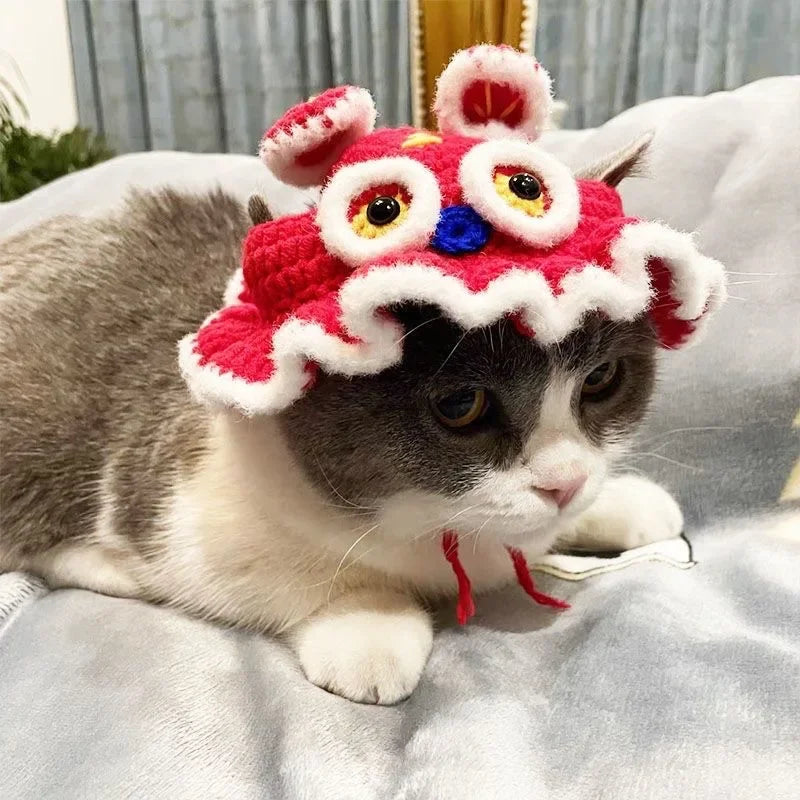 Cute Cat Hat Funny Pets Party Cosplay Headwear Delicate Hemming Pendant Decor Elasticity Knitted Hat Pet Accessories