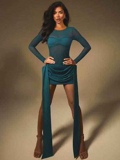 Mozision Mesh Patchwork Ruched Sexy Mini Dress Women Fashion See Through Long Sleeve Draped Skinny Club Party Dresses Elegant