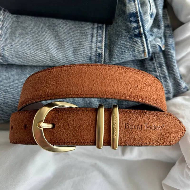BEAUTODAY Belts Women Split Leather Gold Buckle Trendy Versatile Waist Strap Accessories Casual Belts Female Handmade 91118