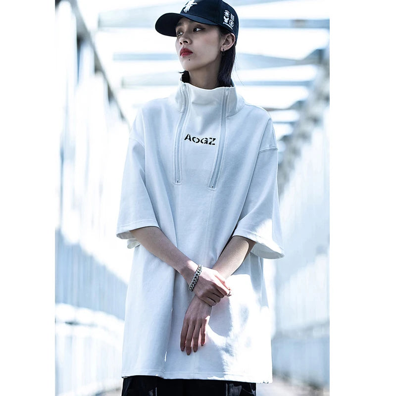 Techwear Turtleneck T-Shirt Men Hip Hop Spring Summer Harajuku Tshirt Loose Short Sleeve Tops Tees Shirts Streetwear