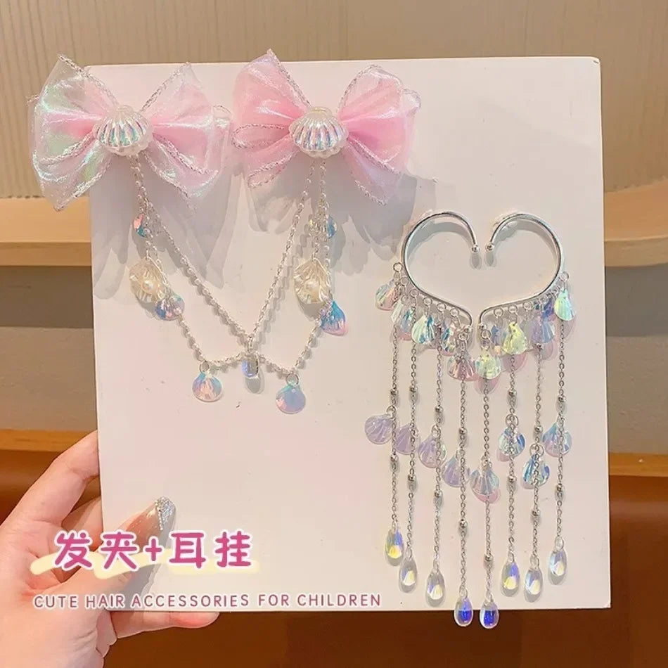 Baby Girls Cute Mermaid Princess Pearl Tassel Bow Forehead Chain Hair Clip Children Hair Accessories Girls Super Hair Clip TM04