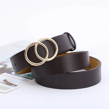 Double Ring Belts for Women Fashion Dress Jeans Belt PU Leather Metal Buckle Round Black Waist Belts Lady Girl Leisure Waistband