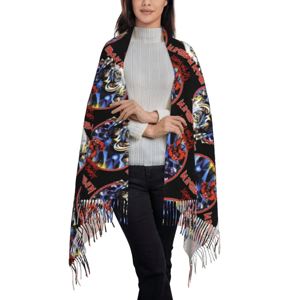 Custom Female Large British Heavy Metal Rock Iron Maidens Scarves Women Winter Soft Warm Tassel Shawl Wraps Scarf