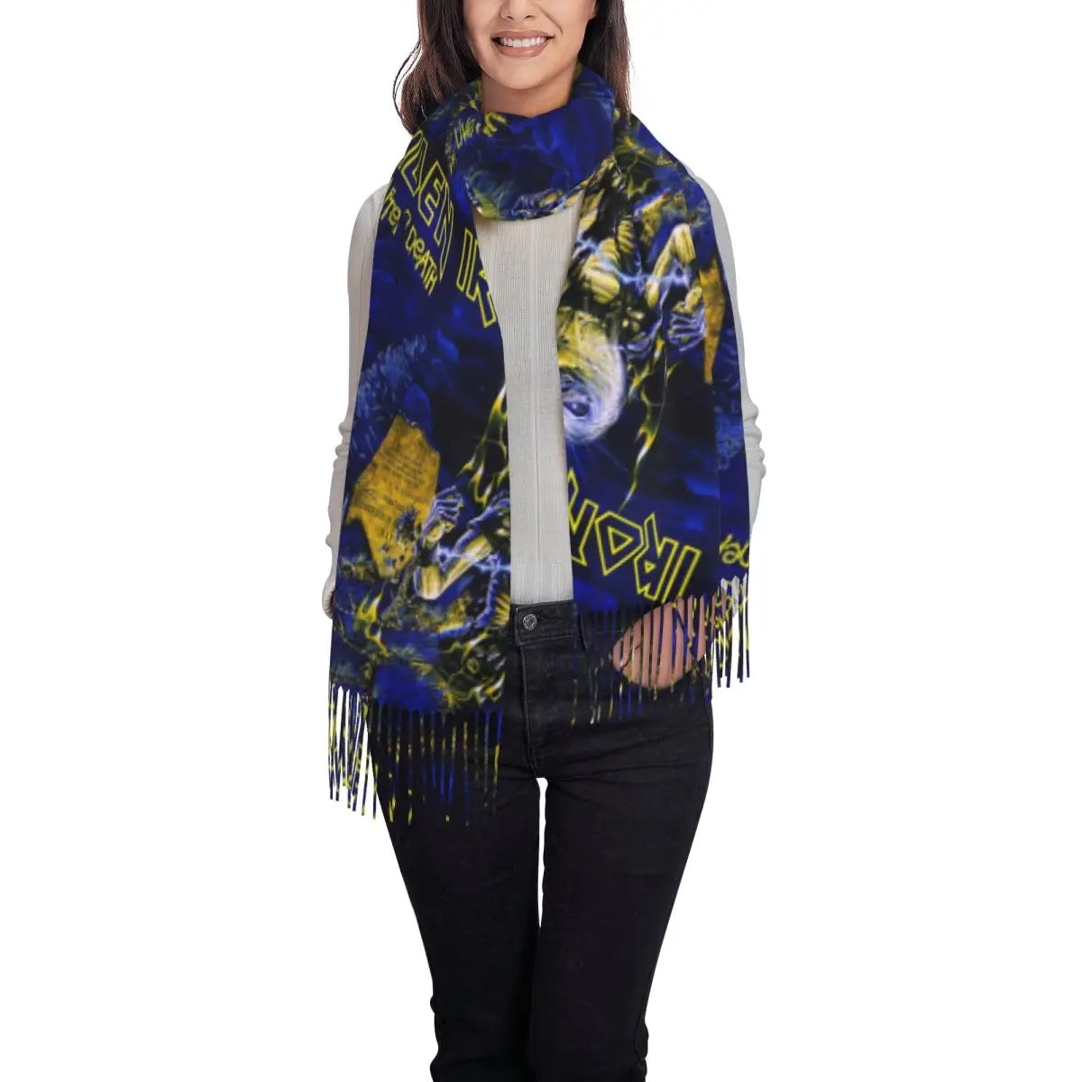 Custom Female Large British Heavy Metal Rock Iron Maidens Scarves Women Winter Soft Warm Tassel Shawl Wraps Scarf