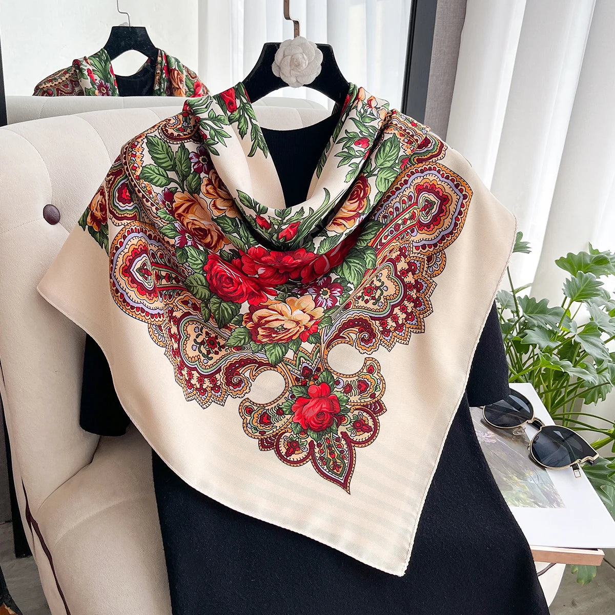 Women Russian Floral Scarf Ethnic Style Square Bandana Head Scarves Ladies Handkerchief Headband Silk Scarf Hair Wraps 2025