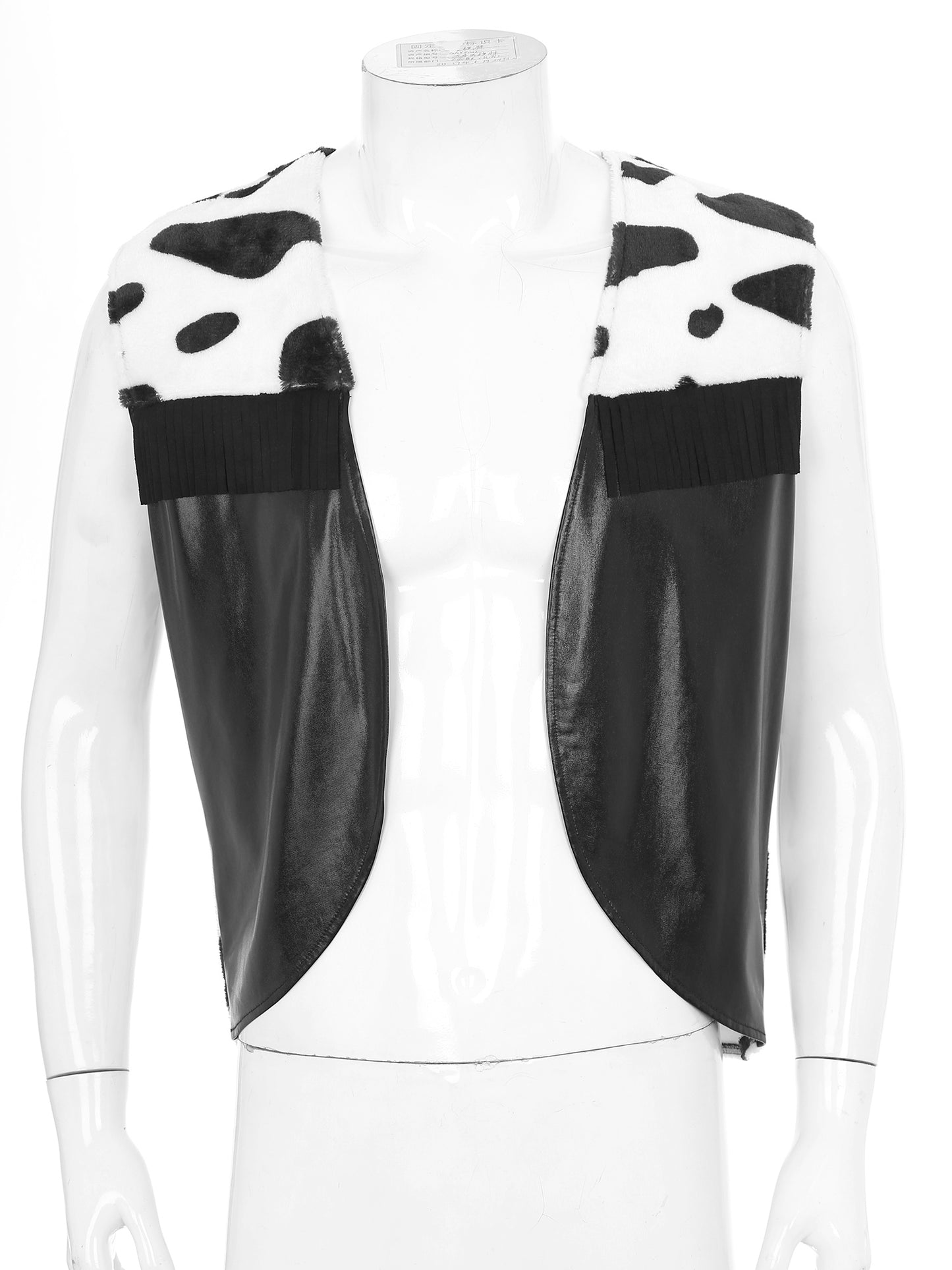 Men Western Cowboy Costume Cow Print Vest Flannel Metallic Cardigan Open Front Tassel Waistcoat Halloween Cosplay Party Dress Up