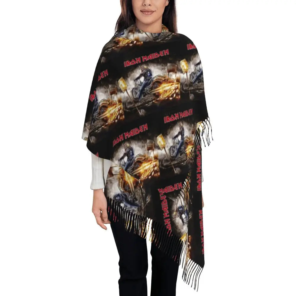 Custom Female Large British Heavy Metal Rock Iron Maidens Scarves Women Winter Soft Warm Tassel Shawl Wraps Scarf