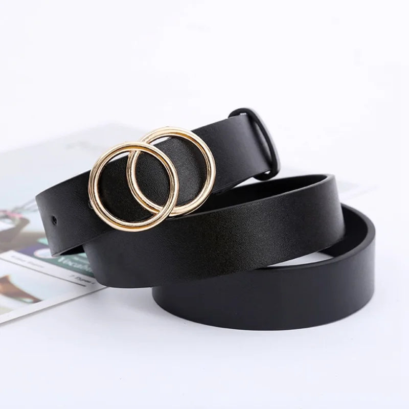 Double Ring Belts for Women Fashion Dress Jeans Belt PU Leather Metal Buckle Round Black Waist Belts Lady Girl Leisure Waistband