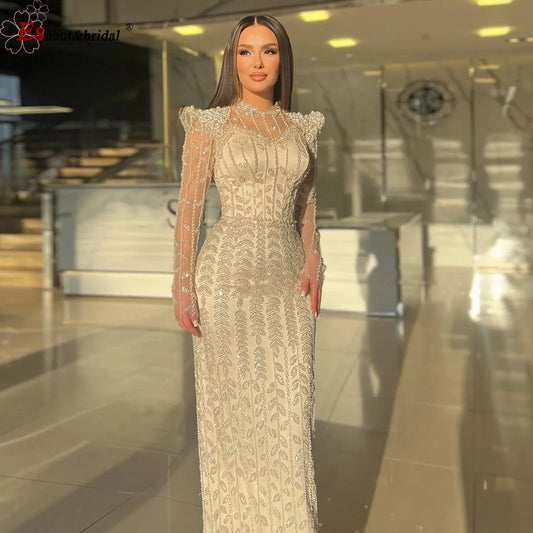 Luxury Dubai Long Sleeves Evening Dress for Women 2025 Elegant High Neck Beads Mermaid Formal Wedding Prom Party Gown Customized