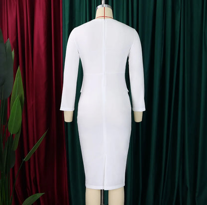 Elegant Office Dresses for Women 2024 Spring Solid Color Long Sleeve Round Neck High Waist Wrap Hip Midi Skinny Bodycon Skirt