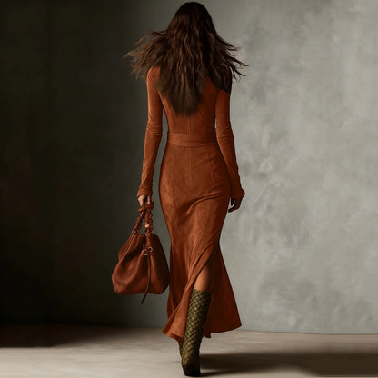 Women's Western Shirt Dress Ruched Wrap Maxi Dress High Slit Ruffle Hem Long Sleeve Flowy Chic Elegant Outing Dress