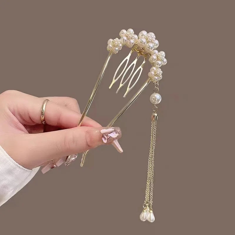 Fashion Hair Accessories Metal U Shape Hair Clip For Women Elegant Simulated Pearl Tassels Hairpin Female Headwear Gifts