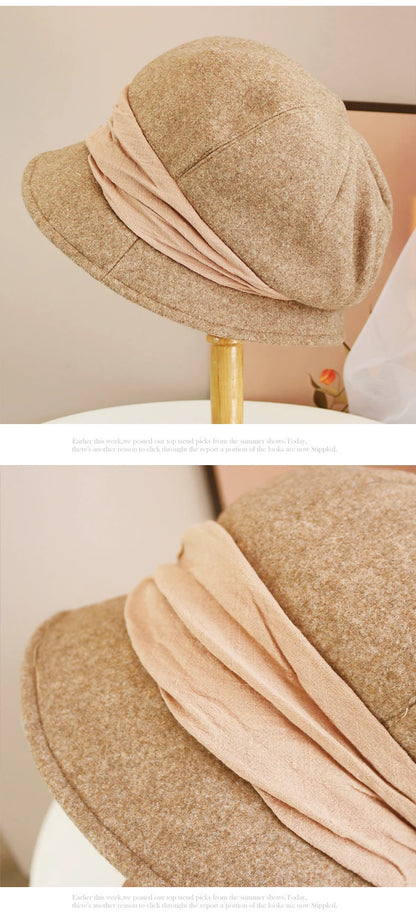 Hats for women in autumn and winter versatile woolen hats Japanese retro elegant temperament celebrity fisherman hat warm wide b