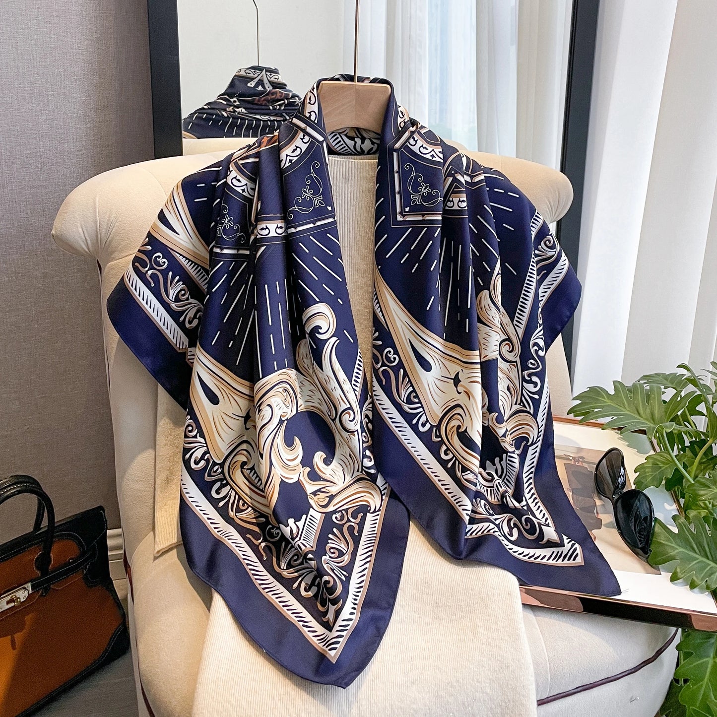 90*90cm Silk Scarves Women Print Twill Square Head Hijab Ladies Luxury Shawl Bandanna Female Muffler Chiffen Wrap Foulard Ribbon