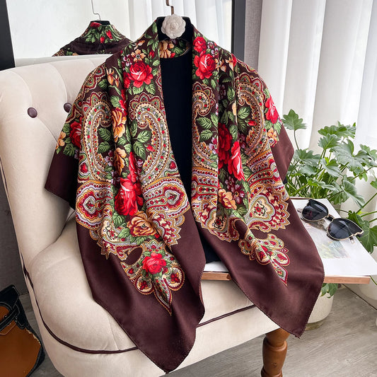 Women Russian Floral Scarf Ethnic Style Square Bandana Head Scarves Ladies Handkerchief Headband Silk Scarf Hair Wraps 2025