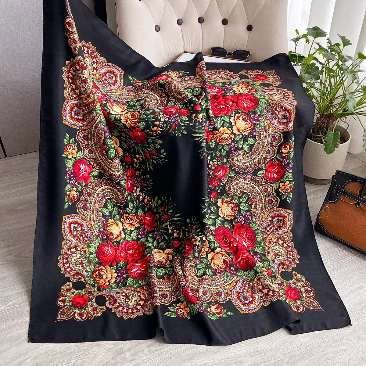 Women Russian Floral Scarf Ethnic Style Square Bandana Head Scarves Ladies Handkerchief Headband Silk Scarf Hair Wraps 2025