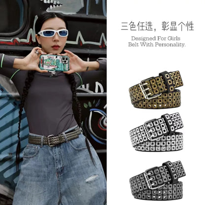 Women Belt Fashion Square Beads, Willow Nails, Three Exhaust Eyes, Punk Street Cool, Personalized Men's and Women's Belts