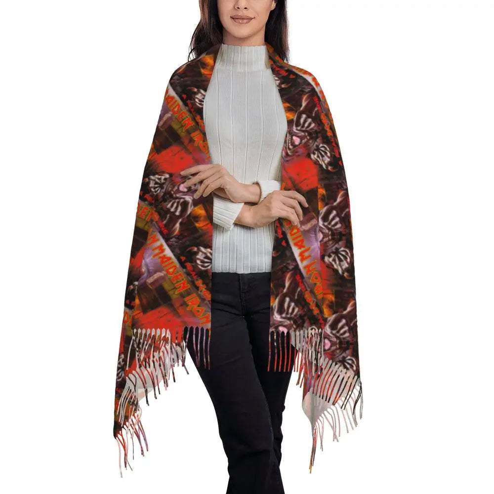 Custom Female Large British Heavy Metal Rock Iron Maidens Scarves Women Winter Soft Warm Tassel Shawl Wraps Scarf