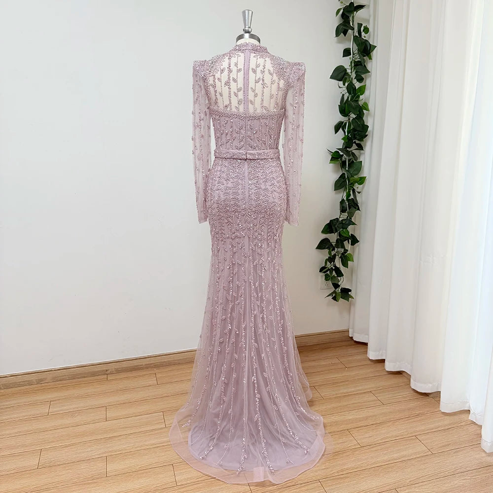 Luxury Dubai Long Sleeves Evening Dress for Women 2025 Elegant High Neck Beads Mermaid Formal Wedding Prom Party Gown Customized