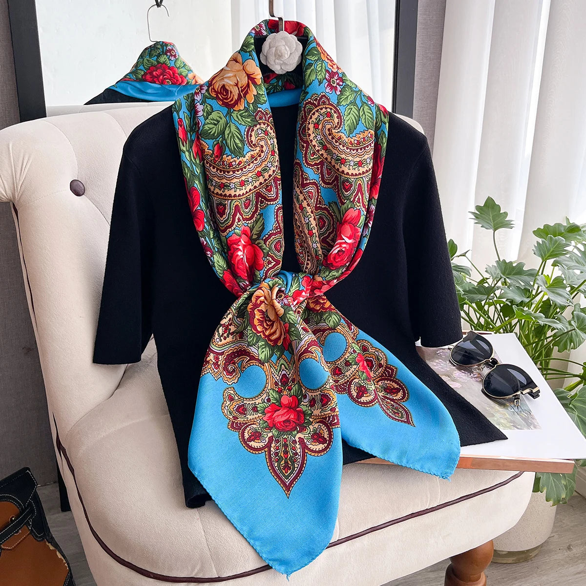 Women Russian Floral Scarf Ethnic Style Square Bandana Head Scarves Ladies Handkerchief Headband Silk Scarf Hair Wraps 2025