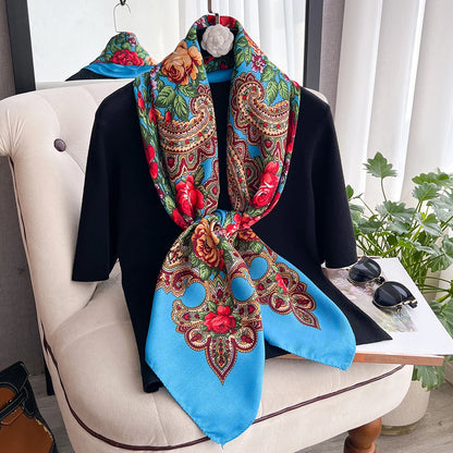 Women Russian Floral Scarf Ethnic Style Square Bandana Head Scarves Ladies Handkerchief Headband Silk Scarf Hair Wraps 2025