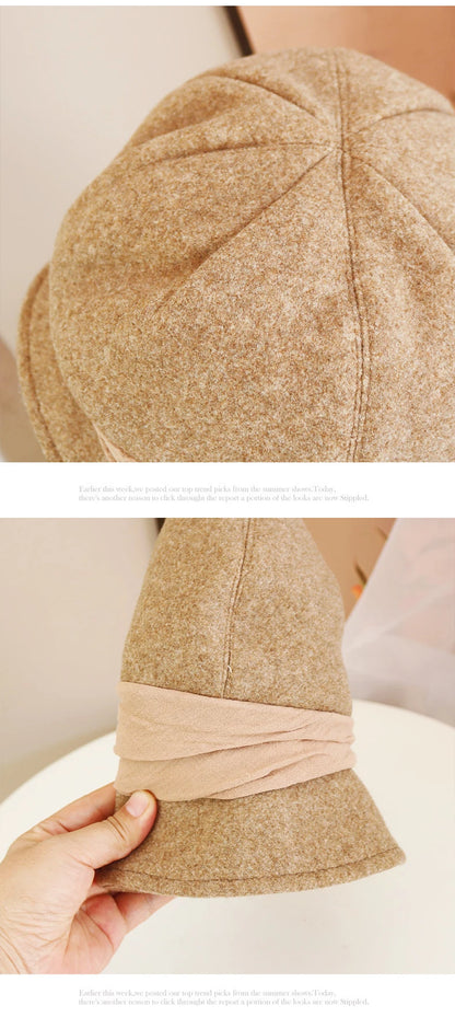 Hats for women in autumn and winter versatile woolen hats Japanese retro elegant temperament celebrity fisherman hat warm wide b