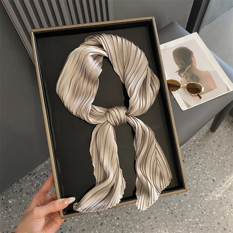 Women Square Scarf Skinny Ribbon Head Neck Small Pleated Hair Tie Band Kerchief Satin Foulard Scarves Headscarf Neckerchief