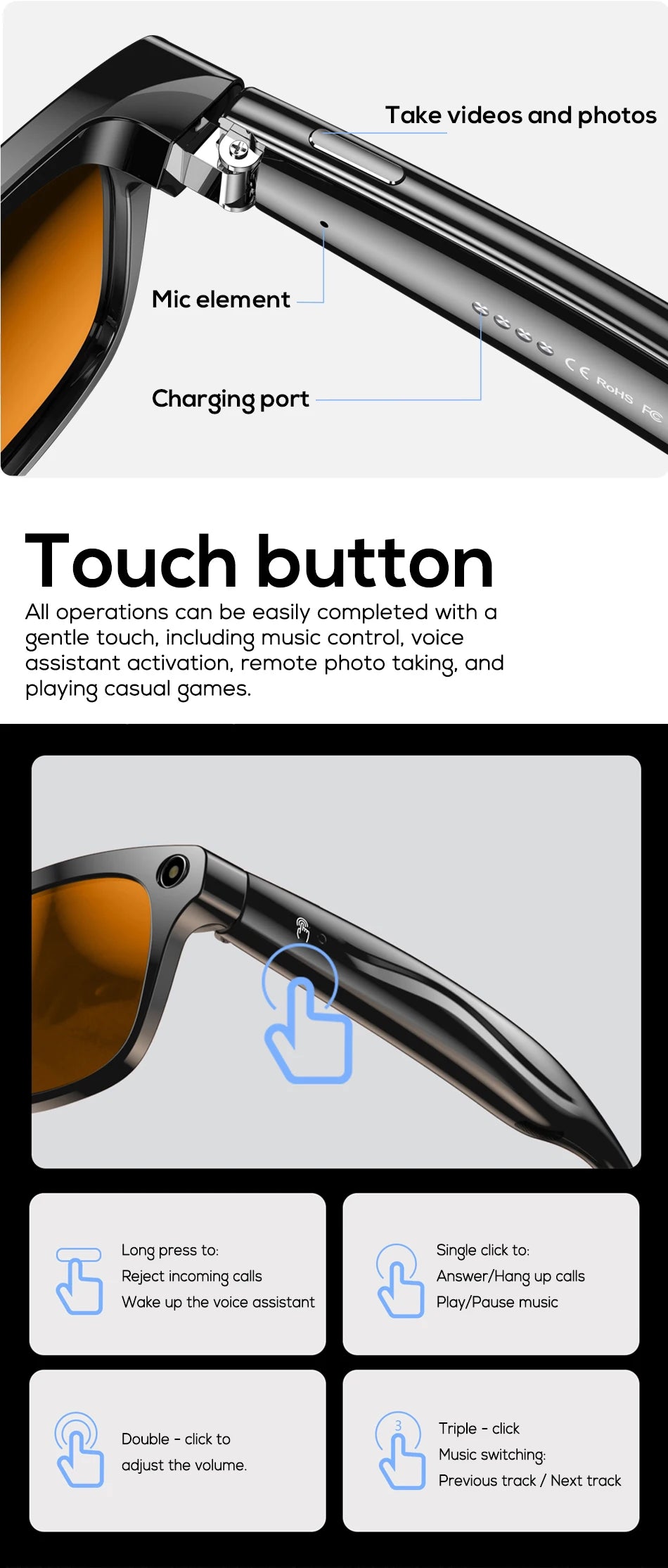 Smart Glasses 100W Camera Anti-shake Video Recording Music Control Photo Recognition Bluetooth Call Sports Sunglasses Waterproof