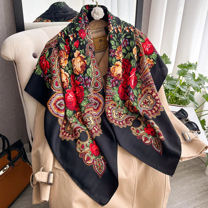 Women Russian Floral Scarf Ethnic Style Square Bandana Head Scarves Ladies Handkerchief Headband Silk Scarf Hair Wraps 2025