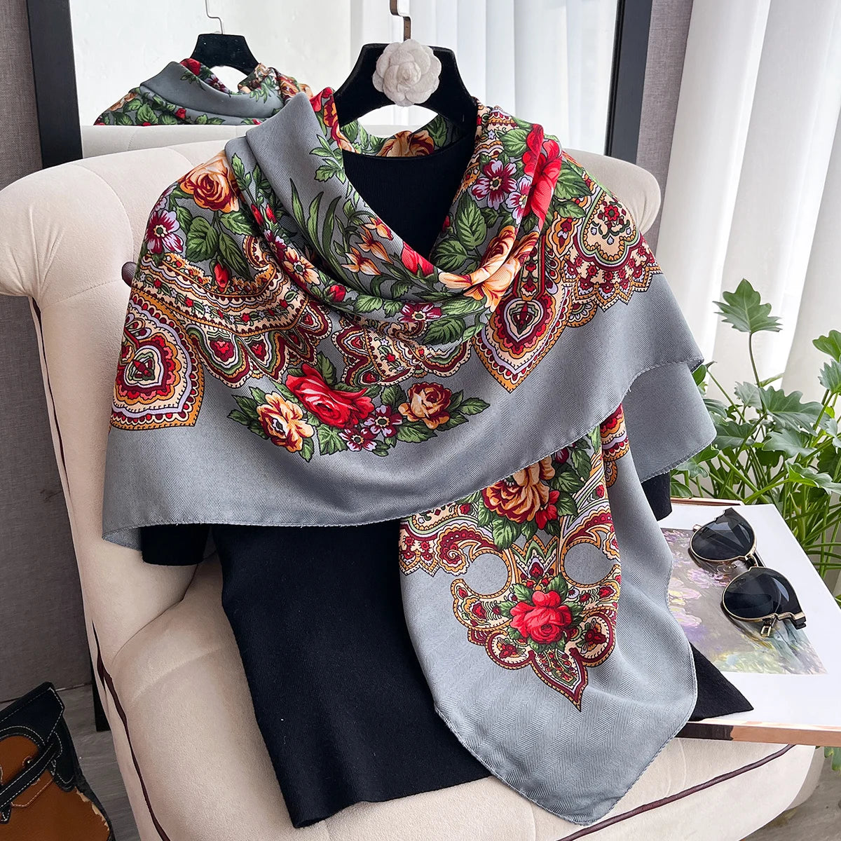 Women Russian Floral Scarf Ethnic Style Square Bandana Head Scarves Ladies Handkerchief Headband Silk Scarf Hair Wraps 2025