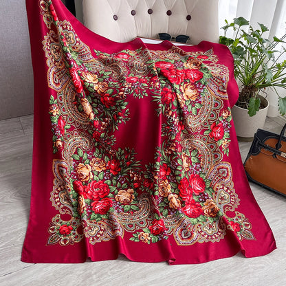 Women Russian Floral Scarf Ethnic Style Square Bandana Head Scarves Ladies Handkerchief Headband Silk Scarf Hair Wraps 2025