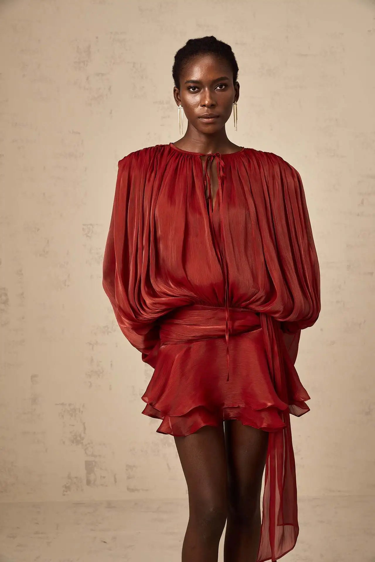 Dresses For Woman French Vestidos Elegant Puff Sleeve Dress Fashionable Loose Lace-up Solid Color Leace-up Simple Style Trendy