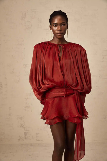 Dresses For Woman French Vestidos Elegant Puff Sleeve Dress Fashionable Loose Lace-up Solid Color Leace-up Simple Style Trendy