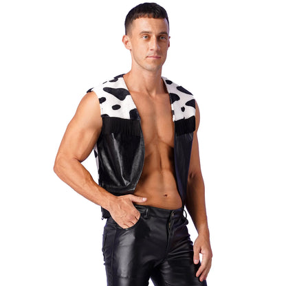 Men Western Cowboy Costume Cow Print Vest Flannel Metallic Cardigan Open Front Tassel Waistcoat Halloween Cosplay Party Dress Up