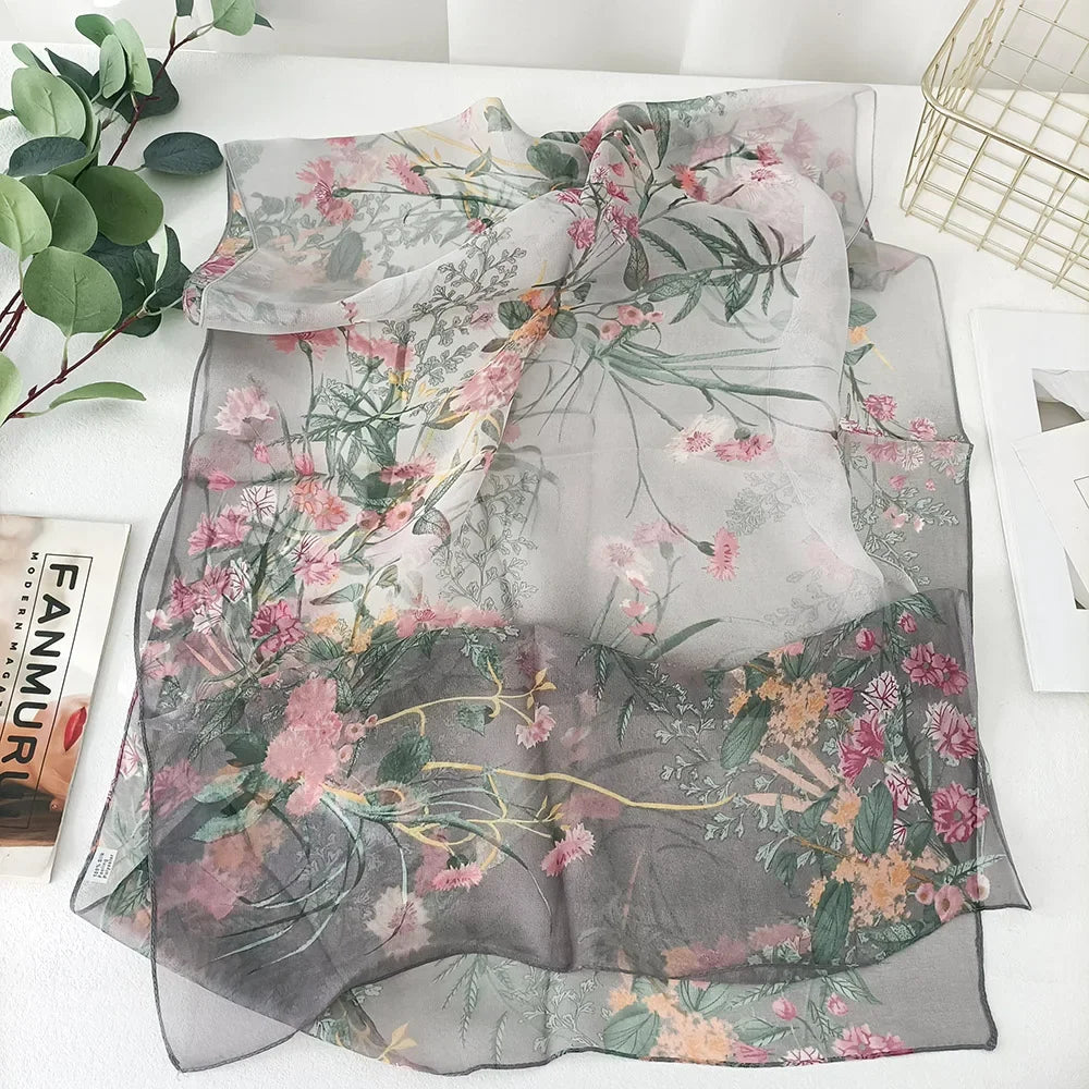 Women Elegant Chiffon Silk Scarves Fashion Versatile Flower Wraps Summer Beach Sunscreen Thin Scarf Georgette Bandana Hijab