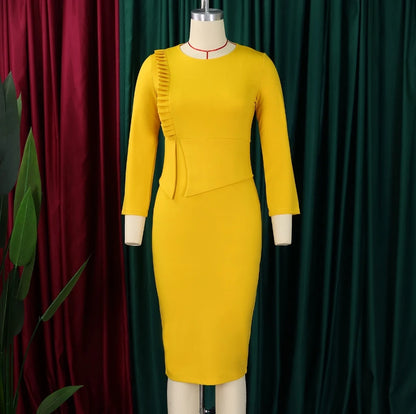 Elegant Office Dresses for Women 2024 Spring Solid Color Long Sleeve Round Neck High Waist Wrap Hip Midi Skinny Bodycon Skirt