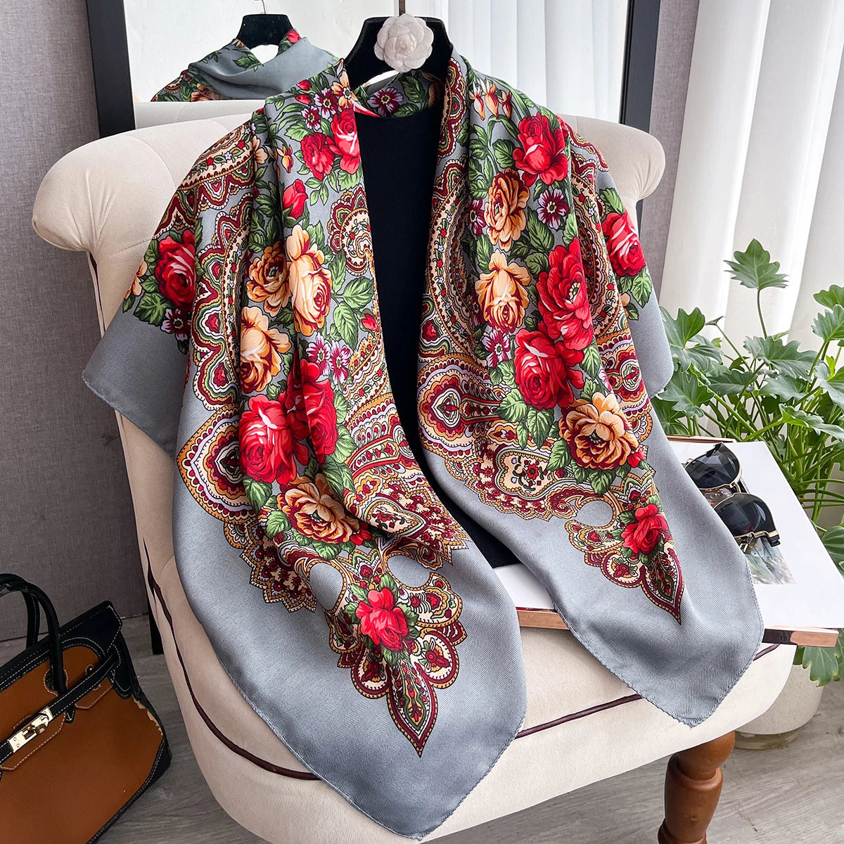 Women Russian Floral Scarf Ethnic Style Square Bandana Head Scarves Ladies Handkerchief Headband Silk Scarf Hair Wraps 2025