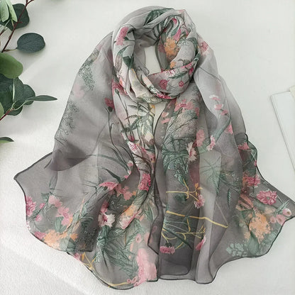 Women Elegant Chiffon Silk Scarves Fashion Versatile Flower Wraps Summer Beach Sunscreen Thin Scarf Georgette Bandana Hijab