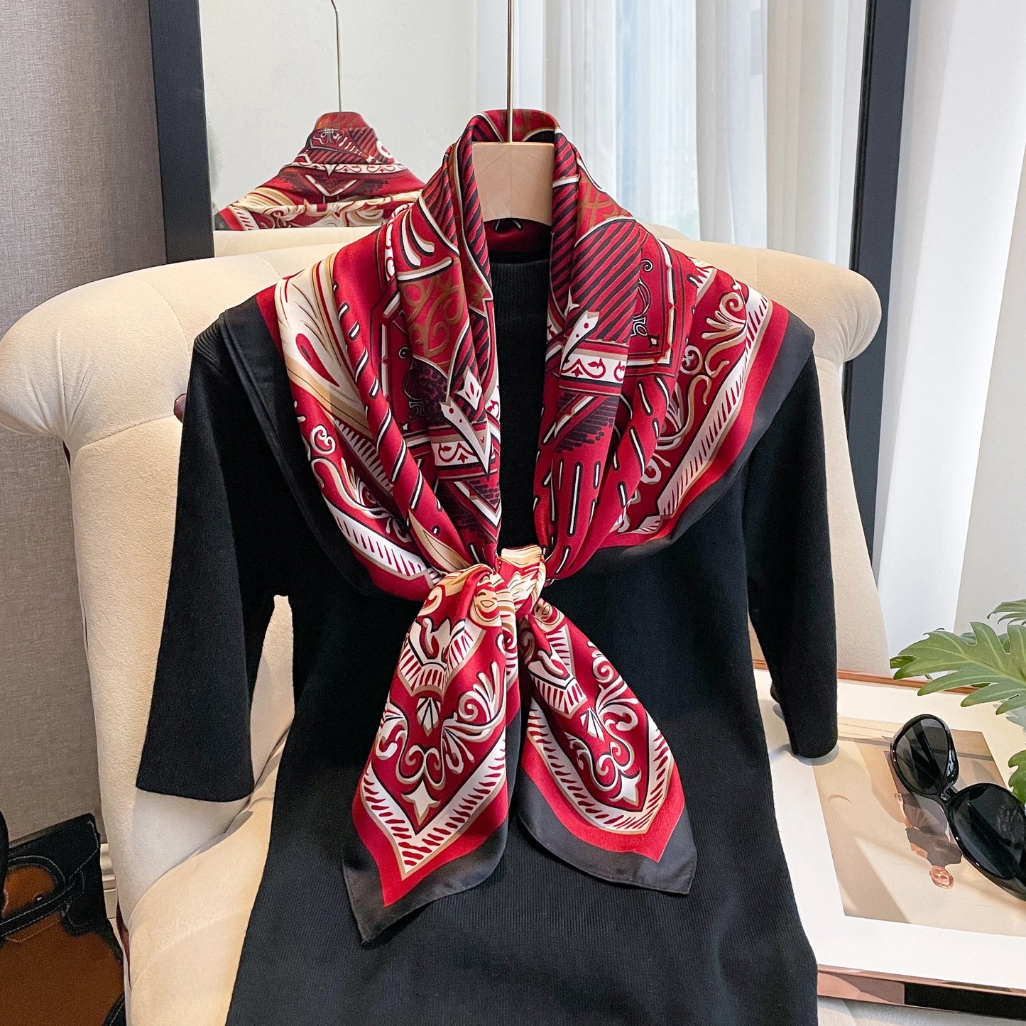 90*90cm Silk Scarves Women Print Twill Square Head Hijab Ladies Luxury Shawl Bandanna Female Muffler Chiffen Wrap Foulard Ribbon