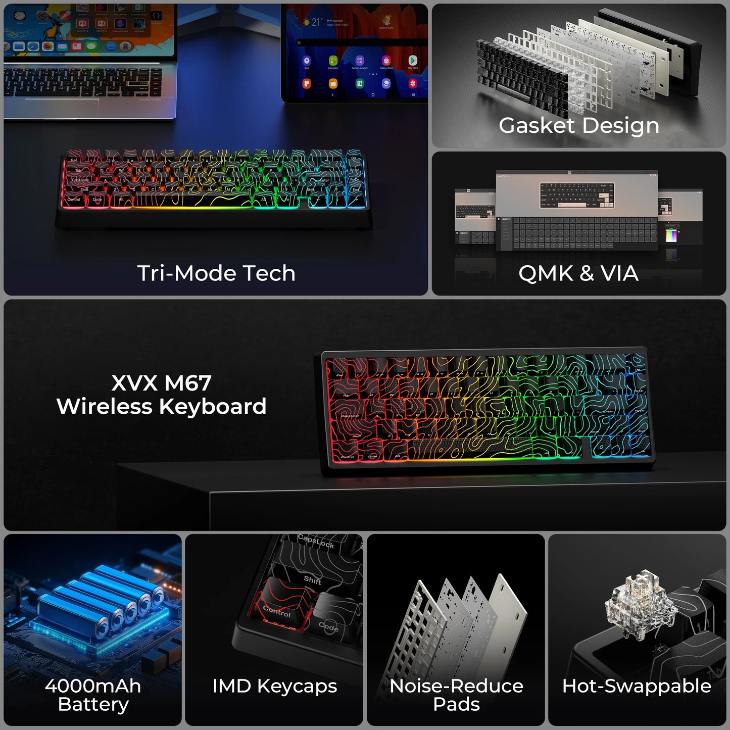 XVX M67 JadeStone Black Wireless Mechanical Keyboard With IMD-Tech Keycaps Tri-Mode Tech Topographic Keyboard Gasket Design