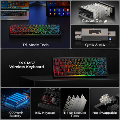 XVX M67 JadeStone Black Wireless Mechanical Keyboard With IMD-Tech Keycaps Tri-Mode Tech Topographic Keyboard Gasket Design