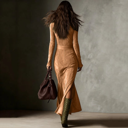 Women's Western Shirt Dress Ruched Wrap Maxi Dress High Slit Ruffle Hem Long Sleeve Flowy Chic Elegant Outing Dress