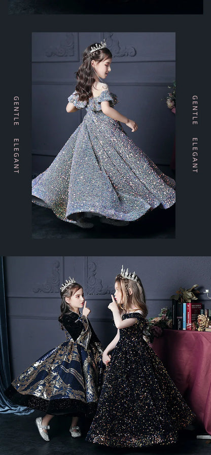 Girl's Western Style Evening Dress Flower Girl Sequined Catwalk Host Piano Performance Princess Dress