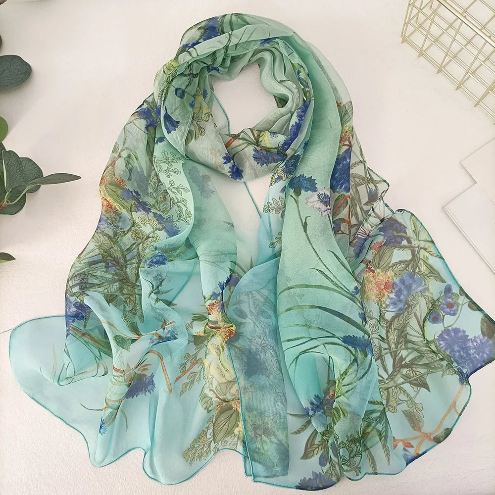 Women Elegant Chiffon Silk Scarves Fashion Versatile Flower Wraps Summer Beach Sunscreen Thin Scarf Georgette Bandana Hijab