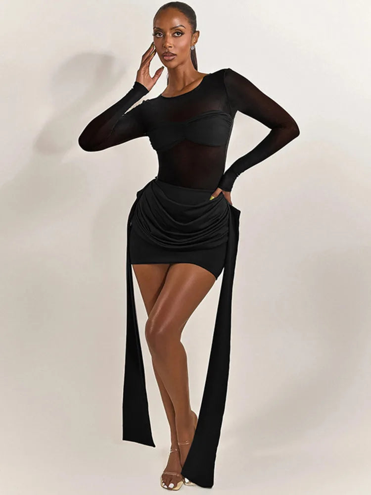 Mozision Mesh Patchwork Ruched Sexy Mini Dress Women Fashion See Through Long Sleeve Draped Skinny Club Party Dresses Elegant