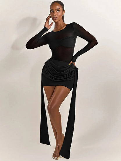 Mozision Mesh Patchwork Ruched Sexy Mini Dress Women Fashion See Through Long Sleeve Draped Skinny Club Party Dresses Elegant