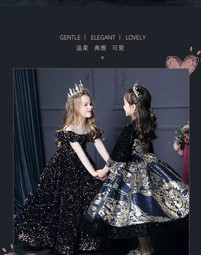 Girl's Western Style Evening Dress Flower Girl Sequined Catwalk Host Piano Performance Princess Dress